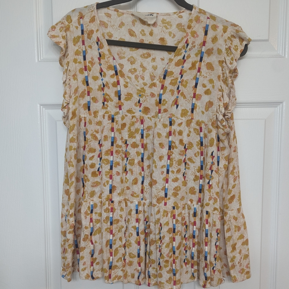 Savanna Jane cap sleeve top with embroidered multi colored stripe detail